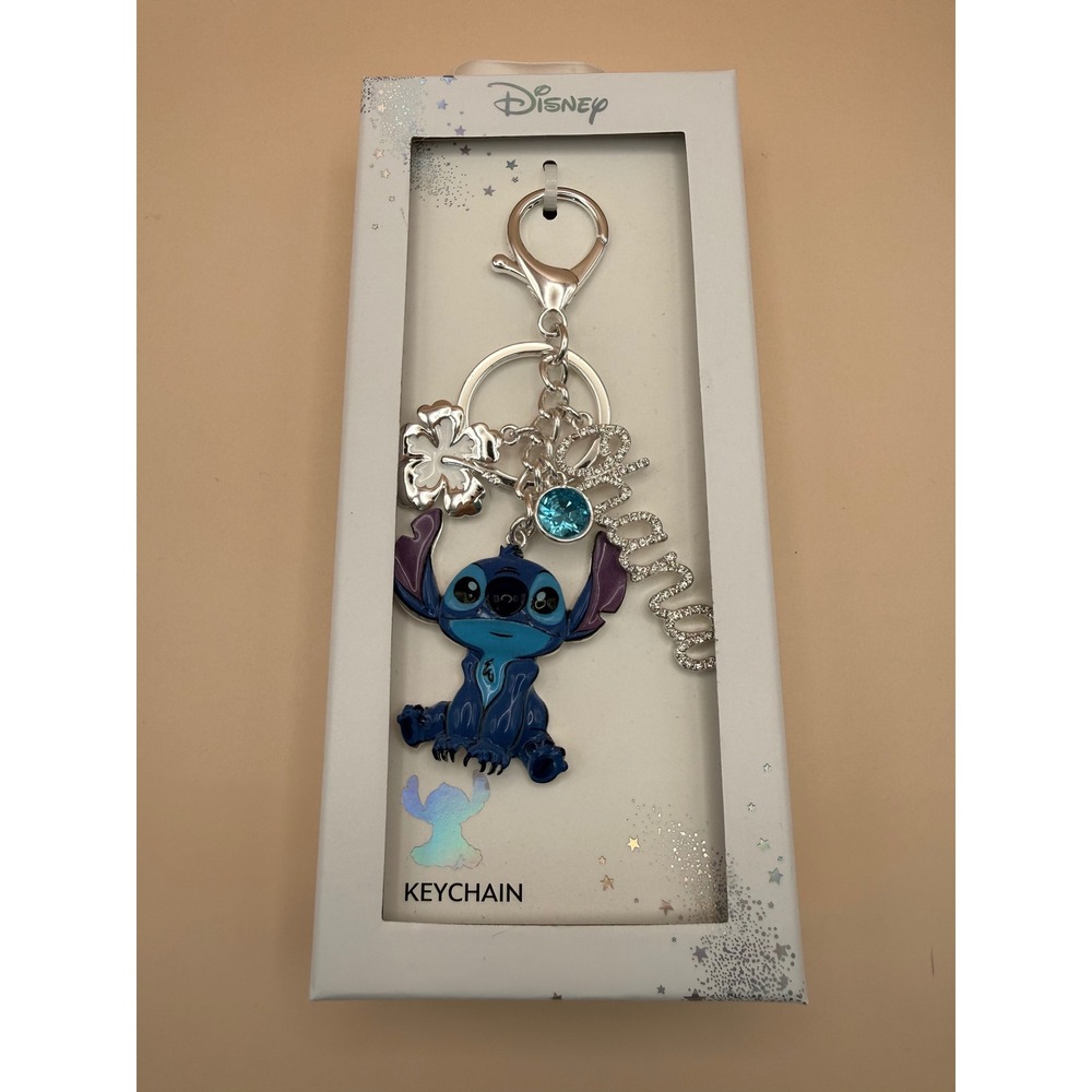 Disney Lilo and Stitch Ohana Keychain Blue Enamel Stitch Hibiscus Flower New Box